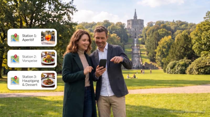 Zwei Personen machen eine kulinarische Stadtführung in Kassel und haben ein 3 Gänge Menü.