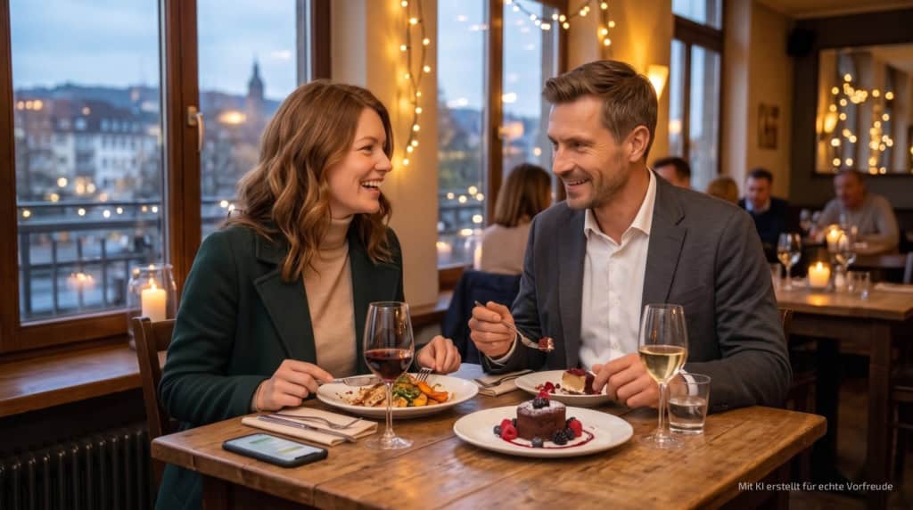 kulinarische-stadtführung-in-kassel Hauptgang Zwei Personen essen ein Hauptgericht im Restaurant und machen eine kulinarische Stadtführung in Kassel.