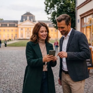 Zwei Personen machen eine kulinarische Stadtführung in Kassel und besichtigen ein Schloss.