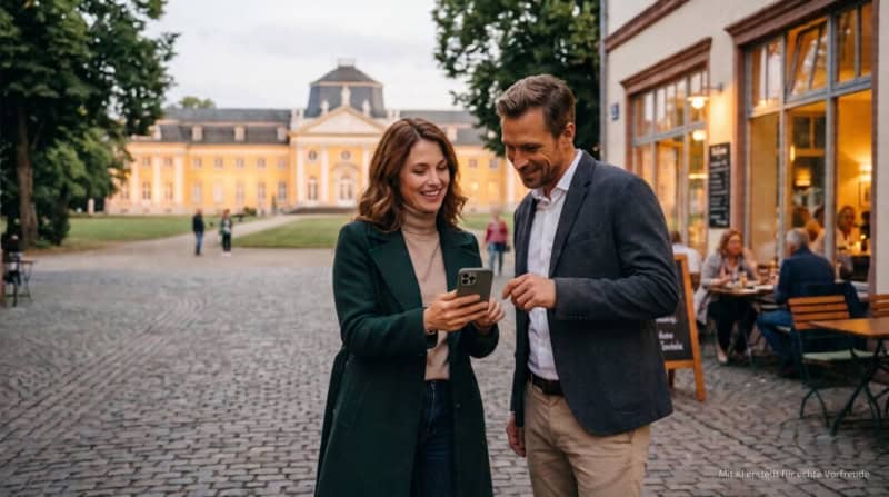 Zwei Personen machen eine kulinarische Stadtführung in Kassel und besichtigen ein Schloss.