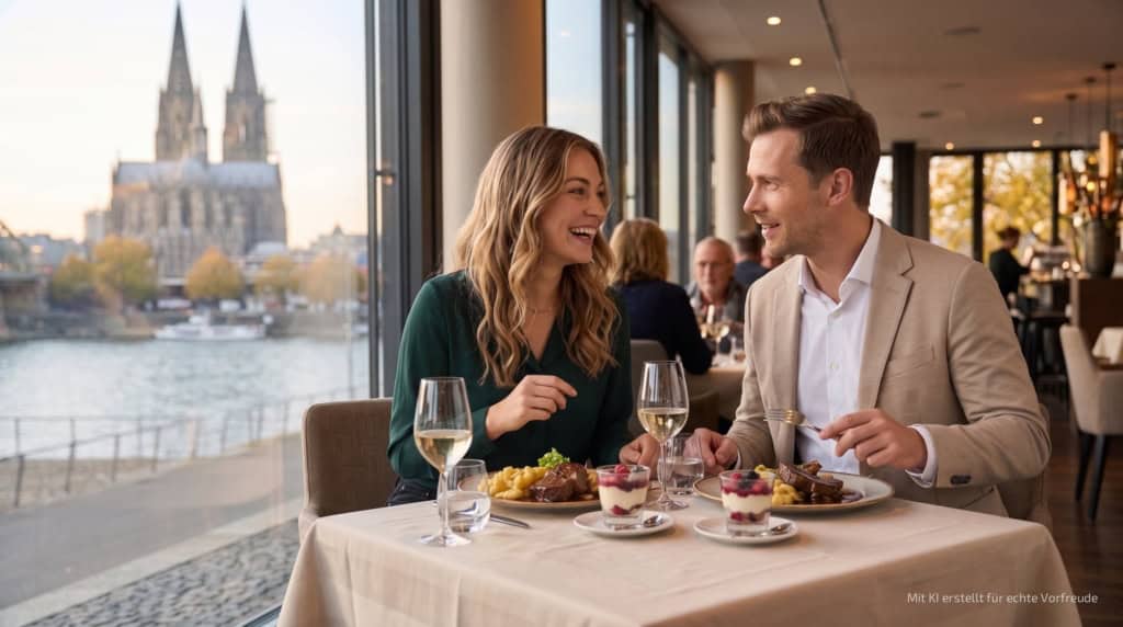 kulinarische-stadtführung-in-köln-3.Station Zwei Personen essen im Restaurant bei der kulinarischen Stadtführung in Köln einen Hauptgang.
