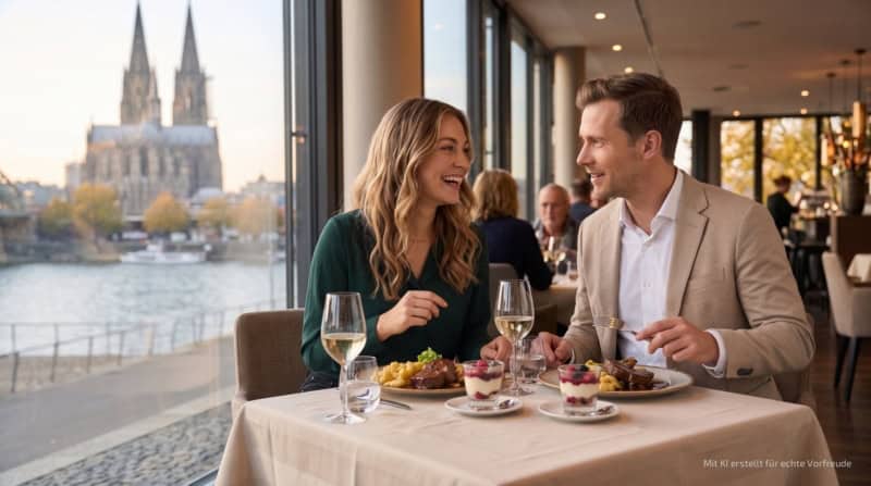 Zwei Personen essen im Restaurant bei der kulinarischen Stadtführung in Köln einen Hauptgang.