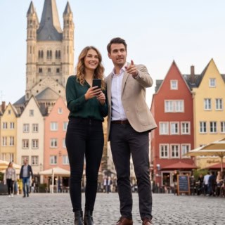 Zwei Personen machen eine kulinarische Stadtführung in Köln und gehen durch die Altstadt.