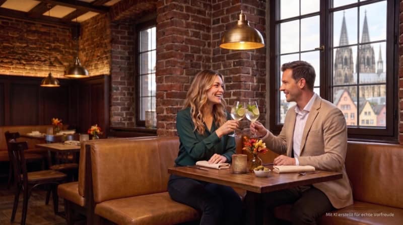 Zwei Personen sitzen im Restaurant am Tisch und trinken ein Getränk bei der kulinarischen Stadtführung in Köln.