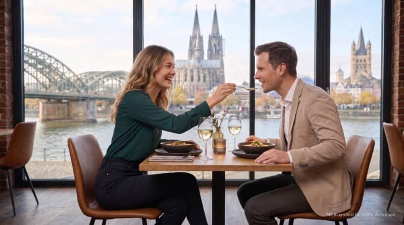Zwei Personen sitzen am Tisch und essen eine Vorspeise bei der kulinarischen Stadtführung in Köln.