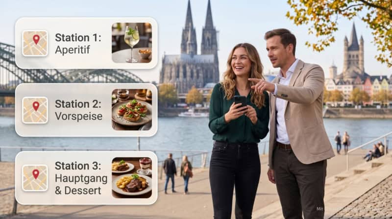 Zwei Personen machen eine kulinarische Stadtführung in Köln und gehen 3 Stationen entlang.