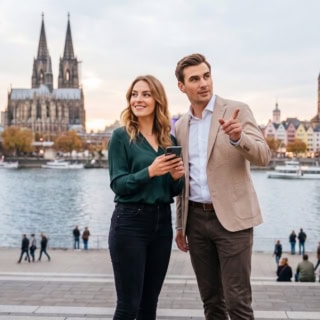 Zwei Personen machen eine kulinarische Stadtführung in Köln am Rhein.
