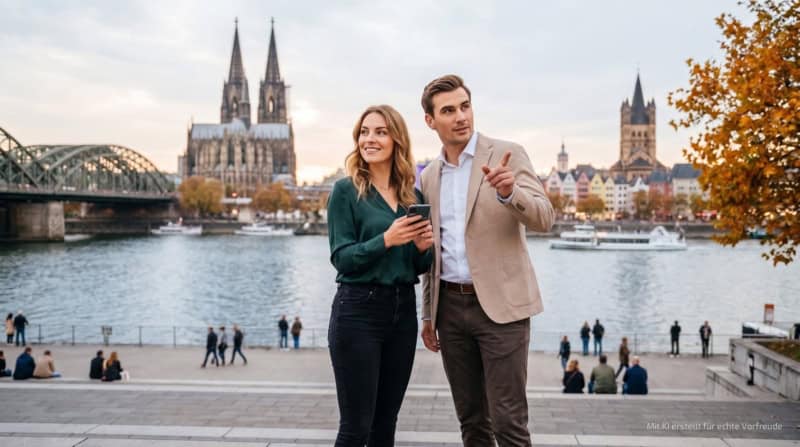 Zwei Personen machen eine kulinarische Stadtführung in Köln am Rhein.