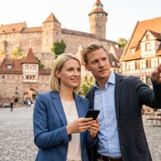 kulinarische-stadtführung-in-nürnberg-Kaiserburg Zwei Personen machen eine kulinarische Stadtführung in Nürnberg und gehen durch die Altstadt.