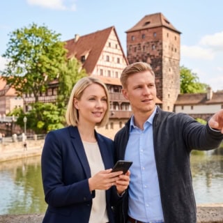 Zwei Personen machen eine kulinarische Stadtführung in Nürnberg und gucken sich die Altstadt an..