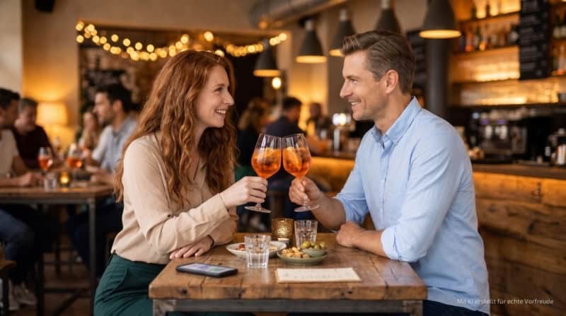 Zwei Personen machen eine kulinarische Stadtführung in Stuttgart und trinken ein Getränk im Restaurant.