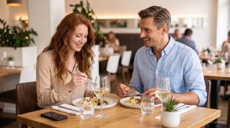 Zwei Personen machen eine kulinarische Stadtführung in Stuttgart und essen eine Vorspeise im Restaurant.