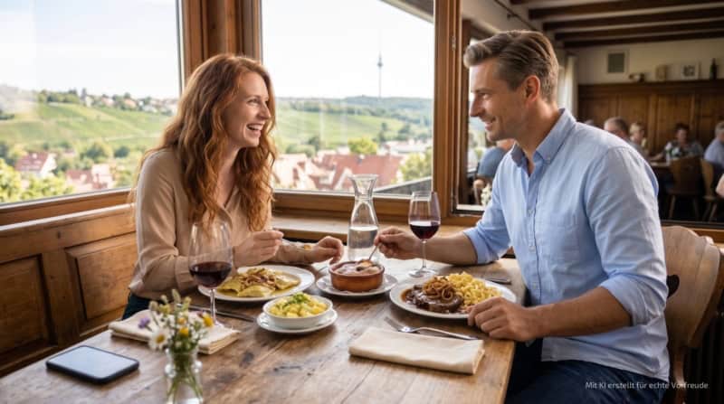 Zwei Personen machen eine kulinarische Stadtführung in Stuttgart und essen ein Hauptgericht im Restaurant.