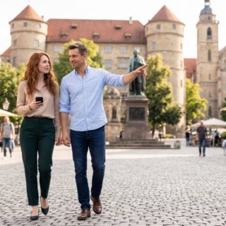 Zwei Personen machen eine kulinarische Stadtführung in Stuttgart und besichtigen ein Schloss.