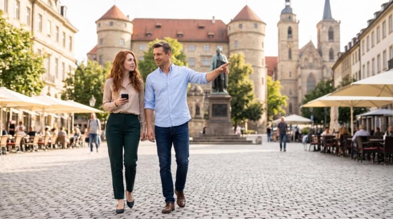 Zwei Personen machen eine kulinarische Stadtführung in Stuttgart und besichtigen ein Schloss.