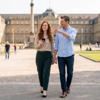 Zwei Personen machen eine kulinarische Stadtführung in Stuttgart und besichtigen ein Schloss.