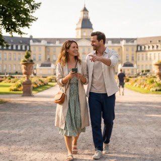 kulinarische-stadtführung-karlsruhe-Schloss Zwei Personen machen eine kulinarische Stadtführung in Karlsruhe und gehen an einem Schloss vorbei.