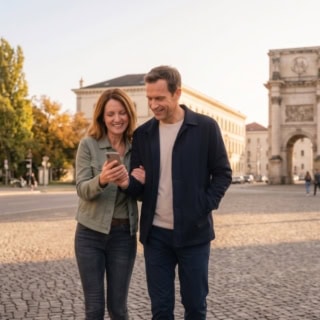 Ein Paar unterwegs in München Schwabingen vor dem Siegestor. Die beiden sind auf dem Weg zu einer Location während einer kulinarischen Stadtführungen in Schwabingen.