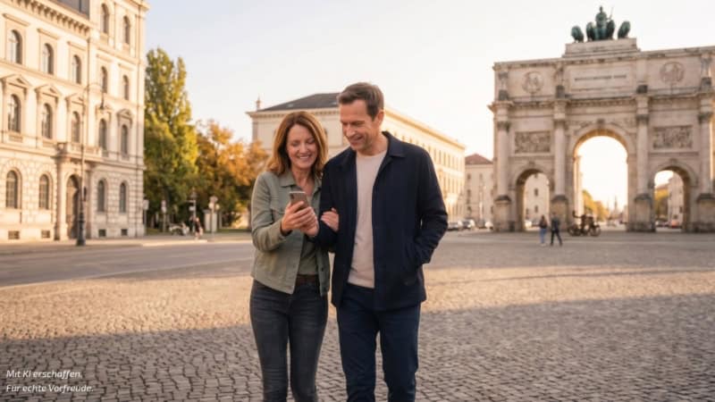 Ein Paar unterwegs in München Schwabingen vor dem Siegestor. Die beiden sind auf dem Weg zu einer Location während einer kulinarischen Stadtführungen in Schwabingen.