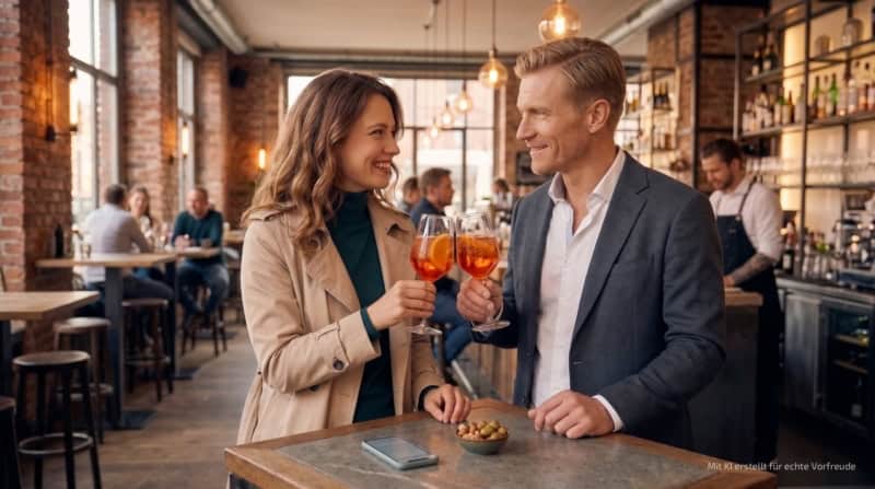Zwei Personen trinken ein Getränk bei der kulinarischen Stadtführung in Hamburg.