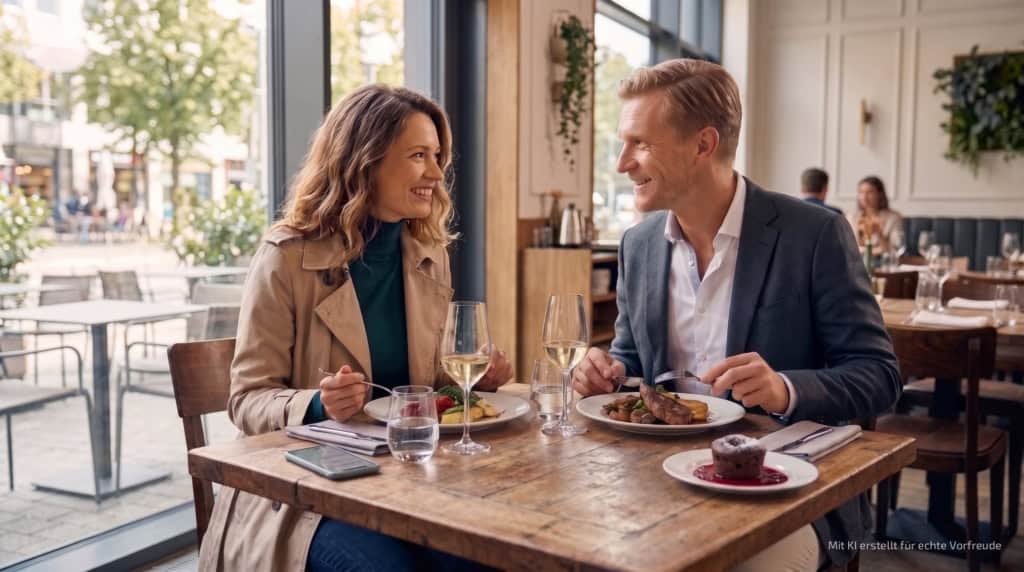kulinarische-stadtfuhrung-hamburg-3. Station Zwei Personen essen bei der kulinarischen Stadtführung einen Hauptgang im Restaurant.