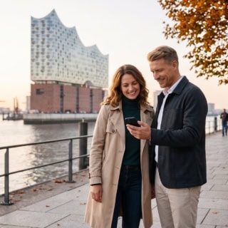 Zwei Personen machen eine kulinarische Stadtführung mit Rätsel in Hamburg und stehen vor der Elbphilharmonie.