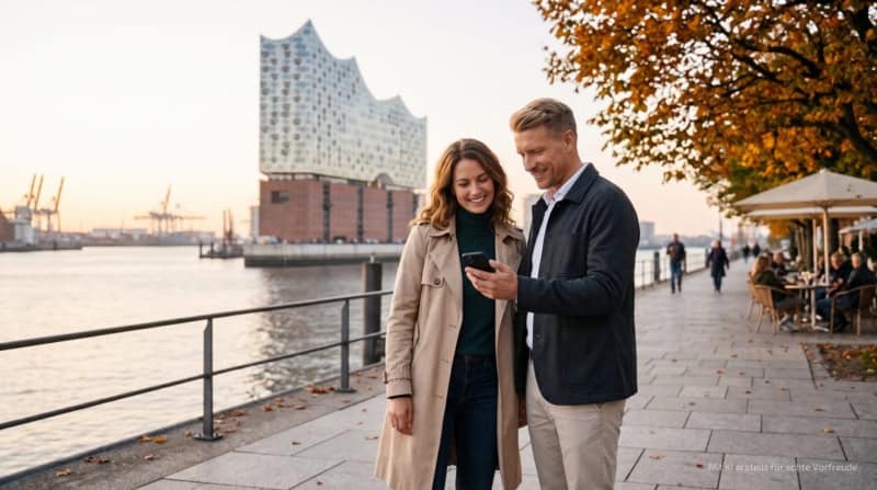 Zwei Personen machen eine kulinarische Stadtführung mit Rätsel in Hamburg und stehen vor der Elbphilharmonie.
