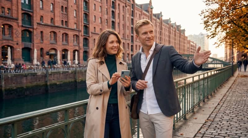 Zwei Personen gehen bei der kulinarischen Stadtführung in Hamburg durch die Speicherstadt.