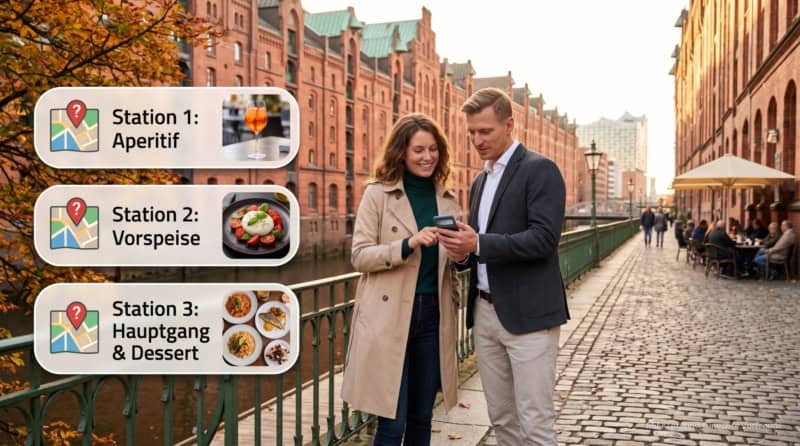 Zwei Personen machen eine kulinarische Stadtführung durch Hamburg und haben 3 Stationen auf dem Plan.