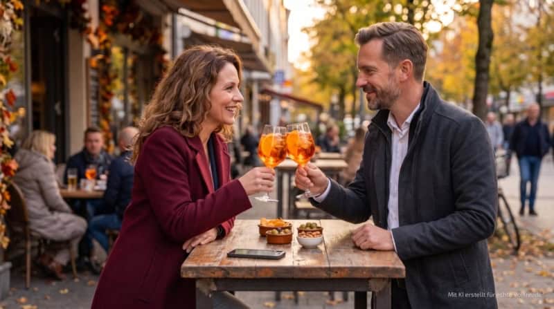 Ein Paar stößt mit Aperitif-Gläsern bei einer kulinarischen Stadtführung in Dortmund in einer herbstlichen Straße an.