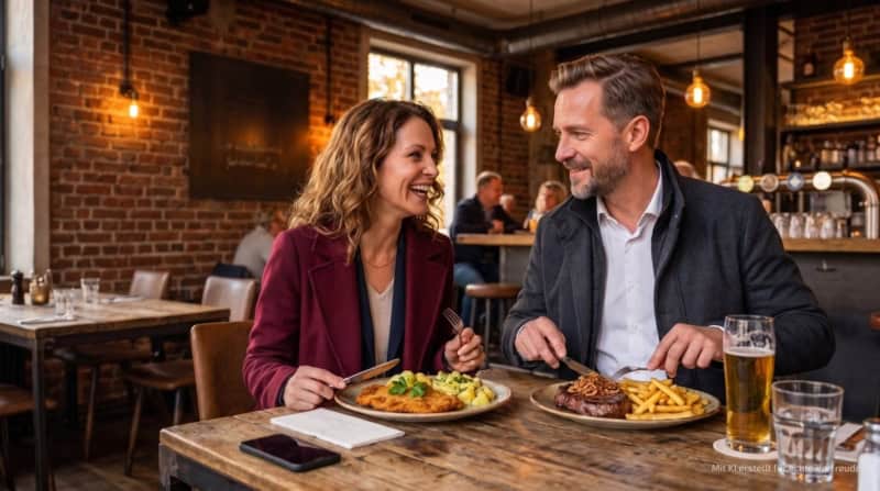Ein Paar genießt Schnitzel und Steak in einem Restaurant während einer kulinarischen Stadtführung in Dortmund.