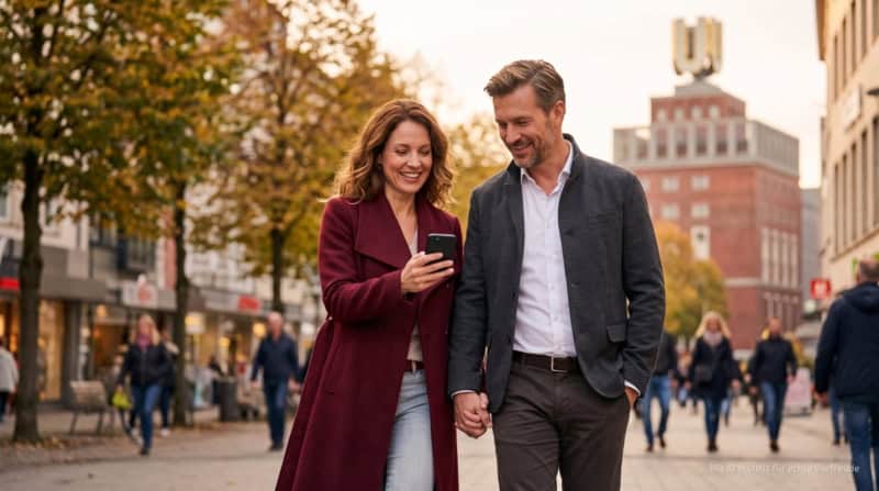 kulinarische-stadtfuhrung-in-dortmund-web Ein Paar mit Smartphone bei einer kulinarischen Stadtführung in Dortmund vor historischen Brauerei-Gebäude.