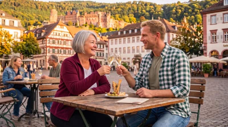 Zwei Personen sitzen draußen in einem Restaurant in Heidelberg und stoßen mit einem Sekt an.