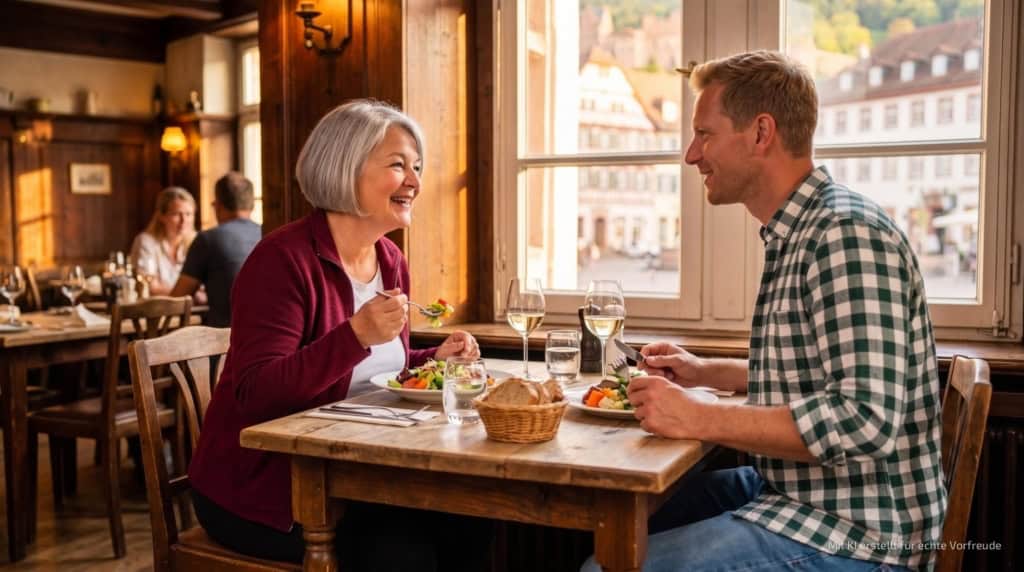 kulinarische-stadtfuhrung-in-heidelberg-Vorspeise Zwei Personen sitzen in einem rustikalen Restaurant in Heidelberg und essen eine Vorspeise.