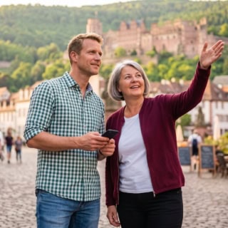 Zwei Personen machen eine kulinarische Stadtführung durch Heidelberg.