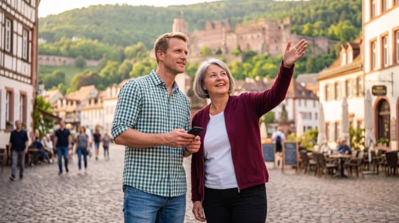 Zwei Personen machen eine kulinarische Stadtführung durch Heidelberg.