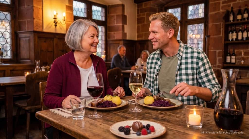 kulinarische-stadtfuhrung-in-heidelberg_Hauptgang und Dessert Zwei Personen sitzen in einem rustikalen Restaurant in Heidelberg und essen ihren Hauptgang mit Dessert.