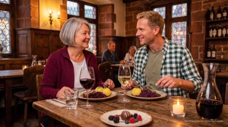 Zwei Personen sitzen in einem rustikalen Restaurant in Heidelberg und essen ihren Hauptgang mit Dessert.