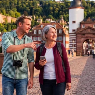 Zwei Personen gehen über die alte Brücke von Heidelberg bei der kulinarischen Stadtführung.