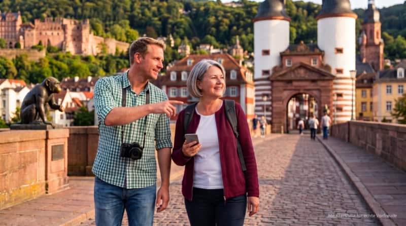 Zwei Personen gehen über die alte Brücke von Heidelberg bei der kulinarischen Stadtführung.