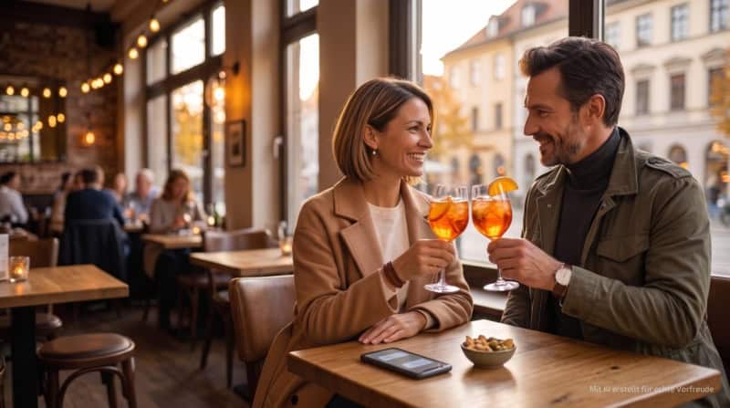 Zwei Personen sitzen bei der kulinarischen Stadtführung in München in einem Restaurant und trinken ein Getränk.
