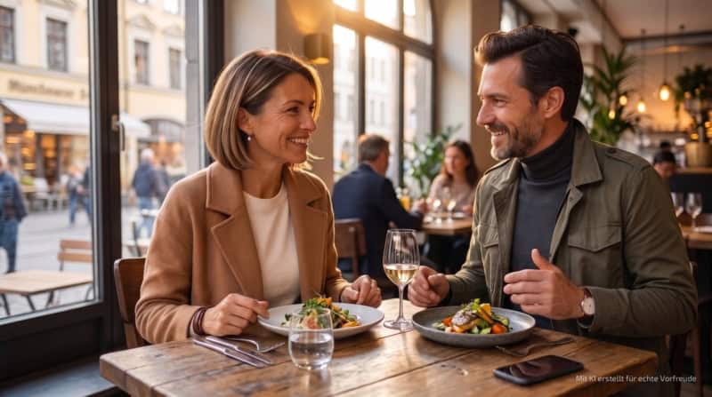 Zwei Personen sitze im Restaurant bei der kulinarischen Stadtführung und essen eine Vorspeise.