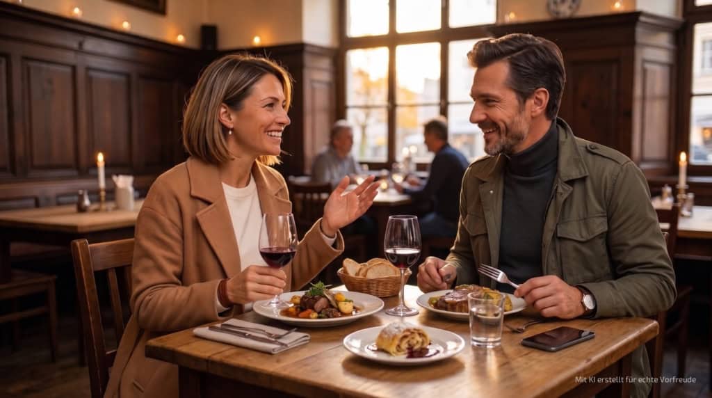 kulinarische-stadtfuhrung-in-munchen 3. Station Zwei Personen sitzen im Restaurant bei der kulinarischen Stadtführung und essen einen Hauptgang und Dessert.