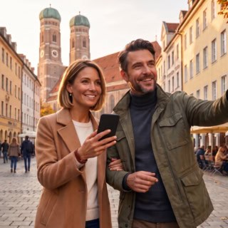 Zwei Personen machen eine kulinarische Stadtführung in München und besuchen den Marienplatz.
