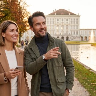 Zwei Personen machen eine kulinarische Stadtführung in München und gehen beim Schloss Nymphenburg vorbei.
