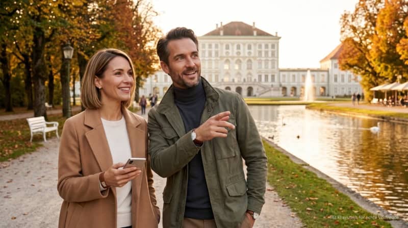 Zwei Personen machen eine kulinarische Stadtführung in München und gehen beim Schloss Nymphenburg vorbei.
