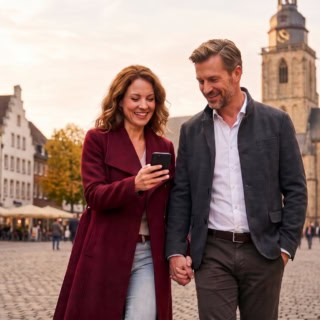Ein Paar mit Smartphone bei einer Stadtführung auf einem Platz in Dortmund - Kulinarische Stadtführung