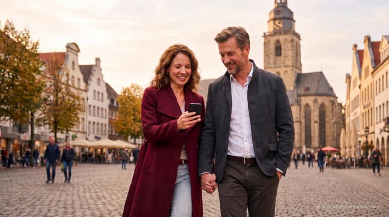 Ein Paar mit Smartphone bei einer Stadtführung auf einem Platz in Dortmund - Kulinarische Stadtführung