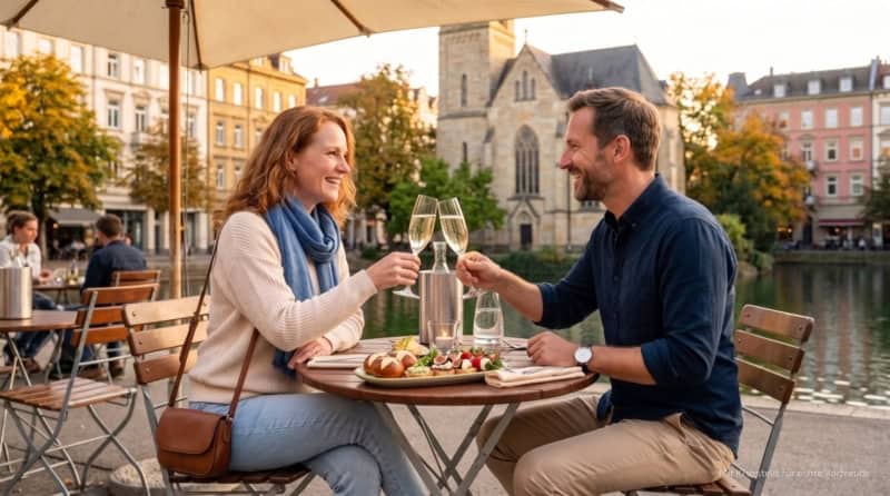 Zwei Personen sitzen draußen am Tisch vor der Kirche im Stuttgarter Westen und trinken einen Sekt.