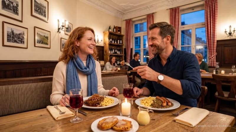 Zwei Personen genießen einen Hauptgang im Restaurant bei der kulinarischen Stadtführung in Stuttgarter Westen.